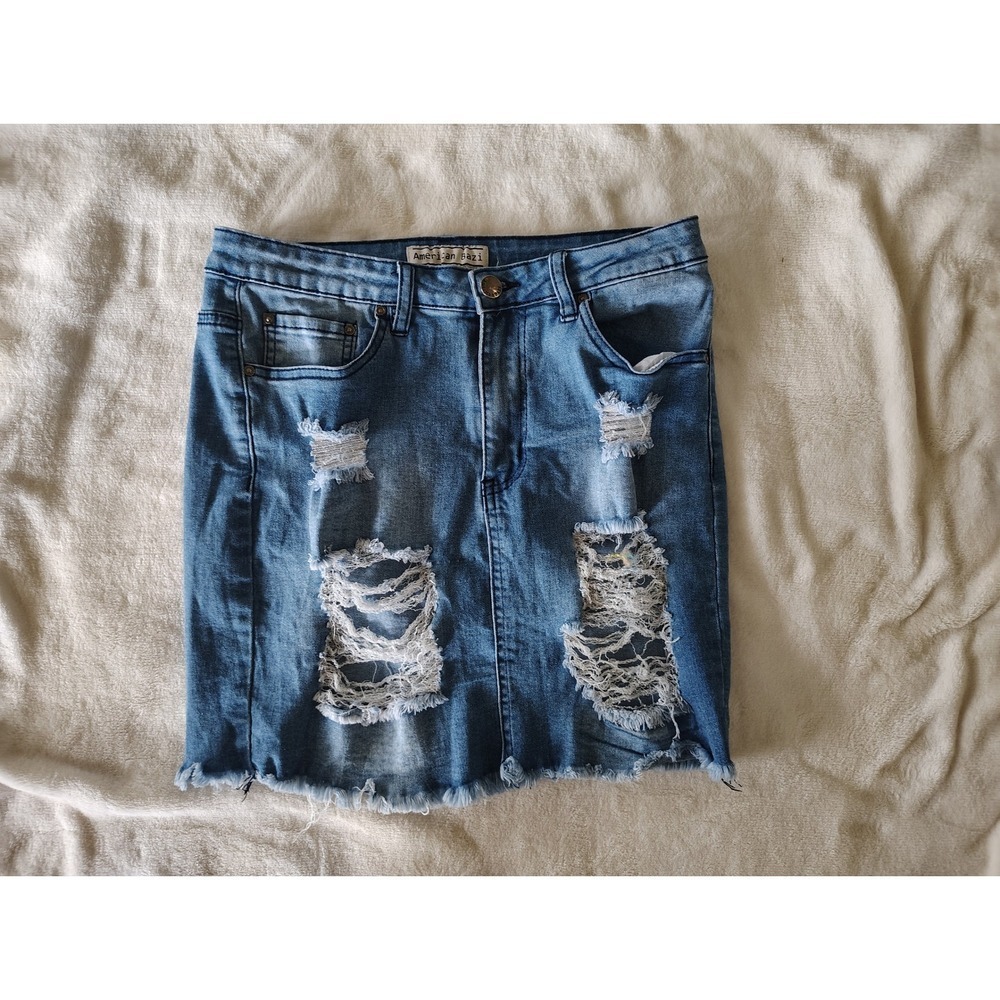 American Bazi Womens Distressed Denim Mini Skirt Medium Wash Frayed Hem MSK-973